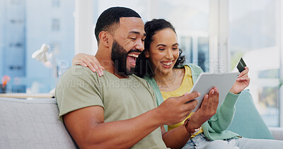 Buy stock photo Excited couple, tablet or winning with credit card for ecommerce, cashback or banking app on sofa at home. Happy man, woman or shoppers with smile on technology for online shopping, bonus or discount