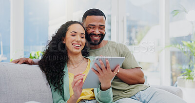 Buy stock photo Sofa, couple and laughing with tablet for comedy, streaming online and comfortable with connection at home. Happy people, man and woman with digital for funny film, watch movie and bonding in house