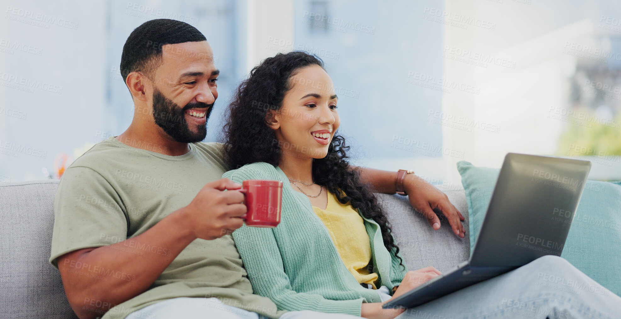 Buy stock photo Home, laptop and couple on couch, connection and internet with coffee, comfort and romance. Apartment, man and woman on sofa, computer and research for life insurance, relax and herbal tea in lounge