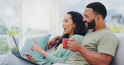 Buy stock photo House, laptop and couple on sofa, connection and internet with coffee, relax and romance. Apartment, man and woman on couch, computer and research for life insurance, conversation and herbal tea