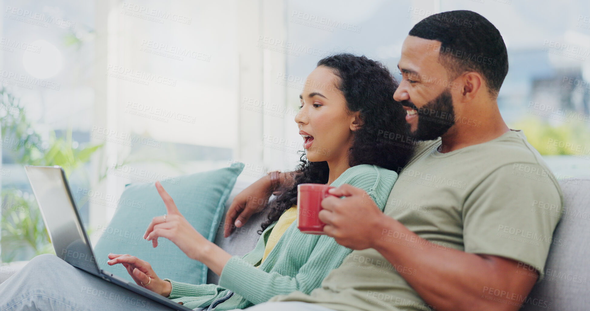 Buy stock photo House, laptop and couple on sofa, connection and internet with coffee, relax and romance. Apartment, man and woman on couch, computer and research for life insurance, conversation and herbal tea