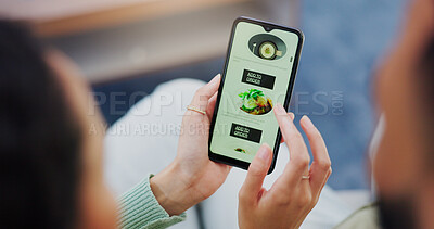 Buy stock photo Hands, home and couple with menu, smartphone and order food with digital app, connection and network. Apartment, mobile user and man with woman, cellphone and typing with delivery service for meal