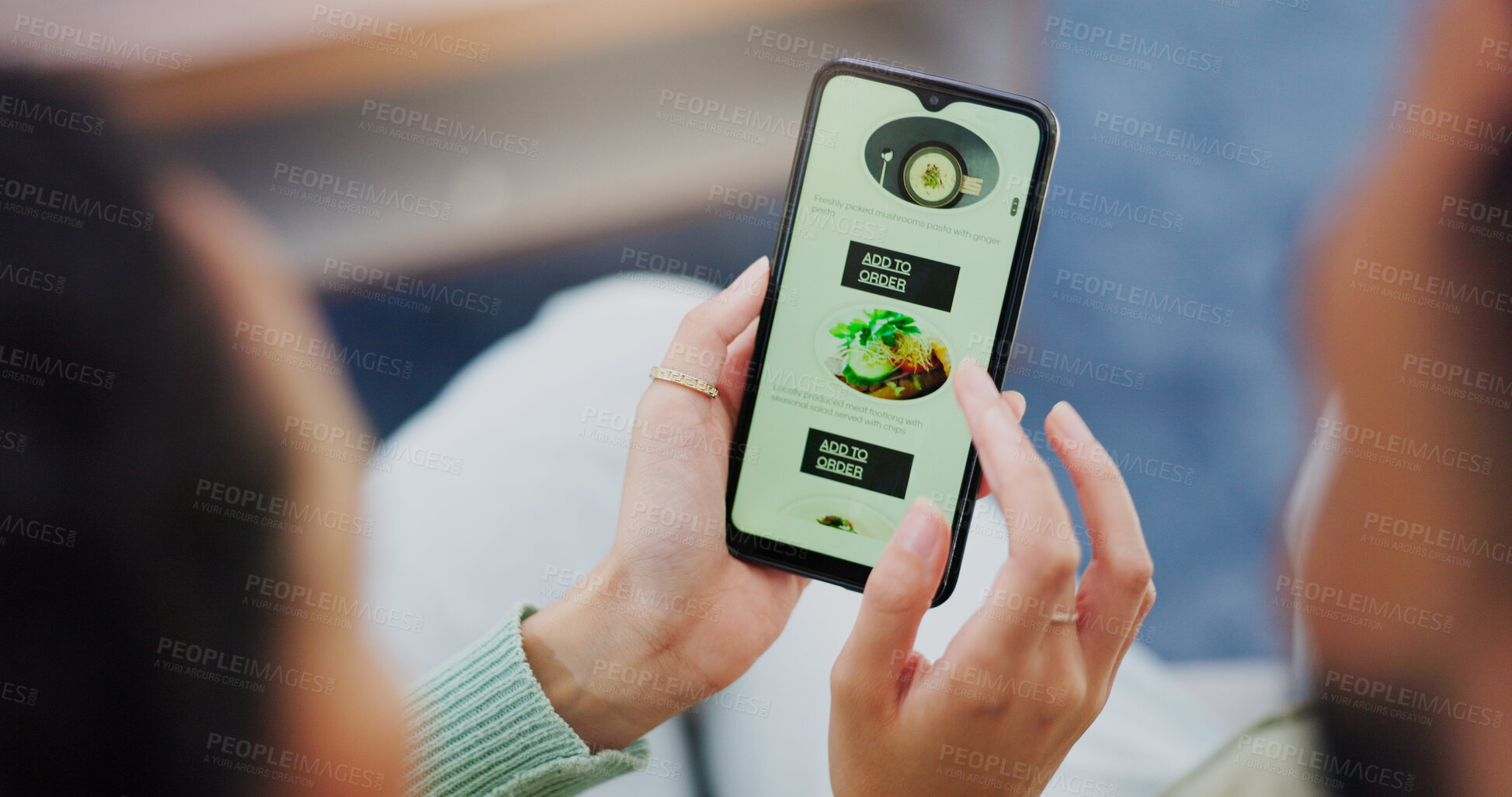 Buy stock photo Hands, home and couple with menu, smartphone and order food with digital app, connection and network. Apartment, mobile user and man with woman, cellphone and typing with delivery service for meal