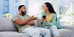 Phone, affair and couple with argument on sofa in living room for divorce, cheating or breakup. Cellphone, upset and young man and woman fighting for text with online infidelity on dating app in home