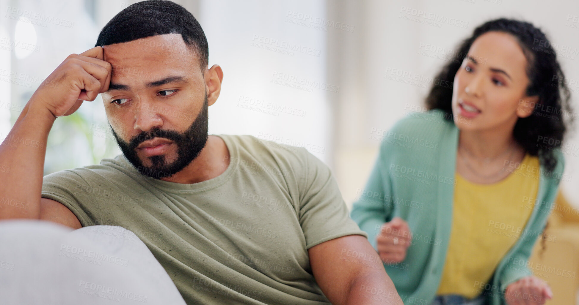 Buy stock photo Angry, cheating and couple with argument on sofa in living room for divorce, affair or breakup. Marriage, communication and young man and woman fighting for infidelity in relationship at home.