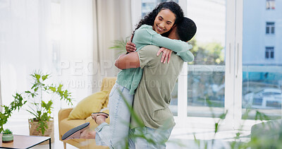 Buy stock photo Home, hug and couple with love, happiness and excited with care, relationship and celebration. Apartment, embrace and man with woman, smile and cheerful with marriage and achievement in living room