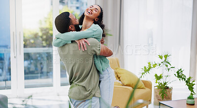 Buy stock photo Home, hug and couple with love, funny and excited with care, relationship and celebration. Apartment, embrace and man with woman, smile and laughing with marriage and achievement in living room