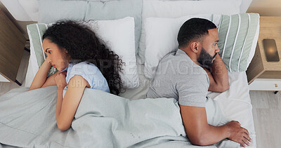 Buy stock photo Couple, fighting and silent treatment in bedroom, toxic marriage and cheating affair in home. People, ignore spouse and unhealthy relationship for divorce or breakup, sex fail and argument in bed