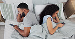 Couple, phone and conflict in bed, ignore and annoyed with reading, chat or social media addiction in home. Man, woman and doom scrolling with anger, fight or frustrated with mobile app on smartphone