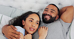Bed, relax and couple with cuddle for bonding, comfortable and connection in relationship at home. Happy people, man and woman thinking with love embrace for partner, commitment or affection with hug