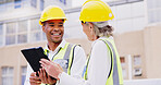 Business people, civil engineer and team with tablet for construction, architecture or industrial development in city. Businessman, woman or builders with smile, hard hat or technology for building