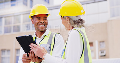 Buy stock photo Business people, civil engineer and team with tablet for construction, architecture or industrial development in city. Man, woman or builders with smile, safety hard hat or technology for building