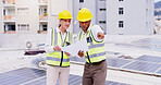 Solar panel, blueprint and people in city for planning, installation and maintenance. Engineering, electricity and man and woman with paperwork for sustainability, infrastructure and renewable energy