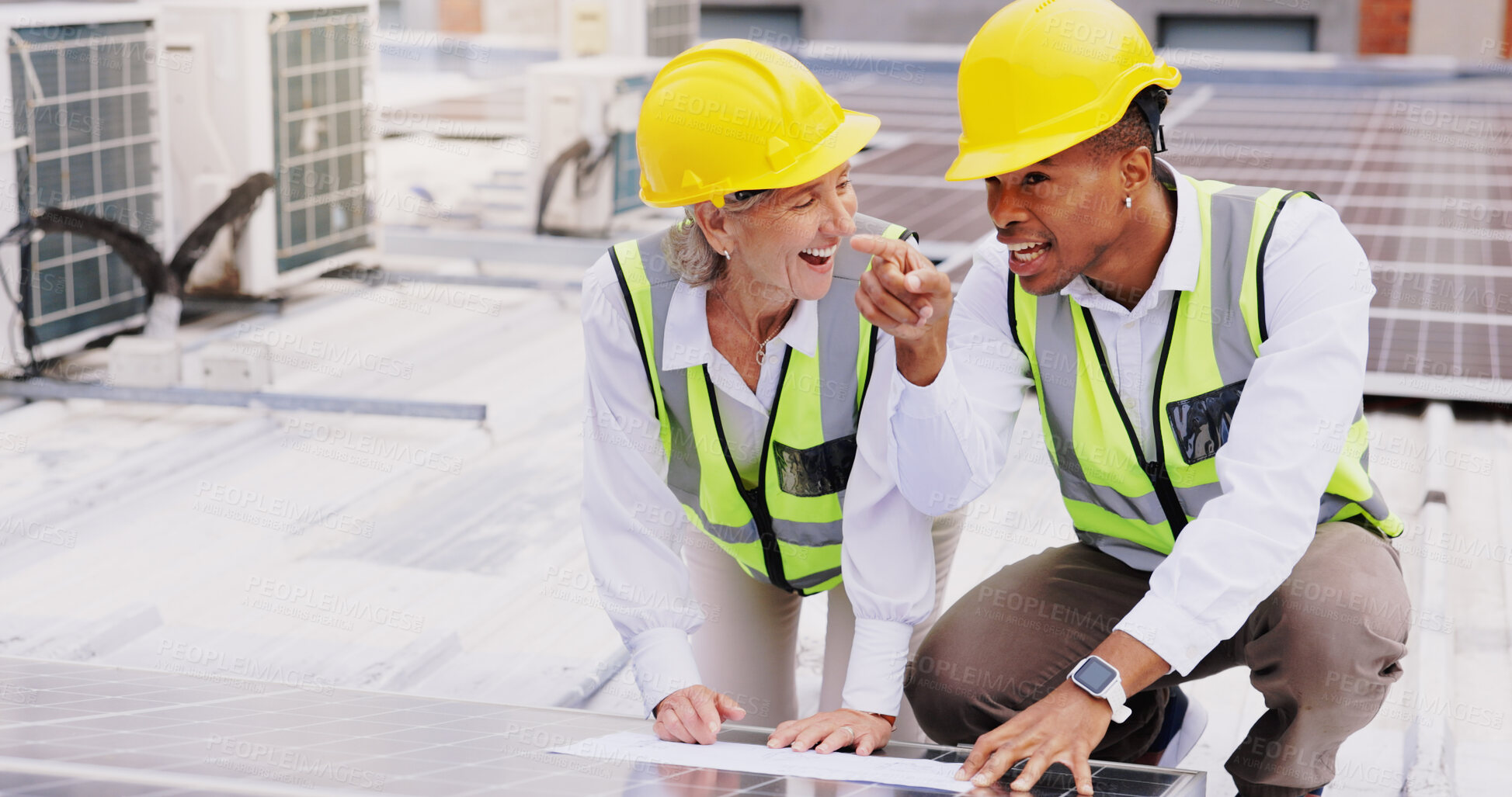 Buy stock photo Solar panel, rooftop and business people with blueprint for planning, coordination or execution of project. Teamwork, engineer employees or feedback with laugh for installation, upgrade or discussion