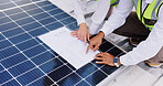 Solar panel, blueprint and hands of people in city for planning, installation or maintenance. Engineering, electricity and worker with paperwork for sustainability, infrastructure or renewable energy