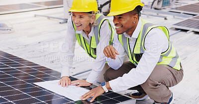 Buy stock photo Solar panel, thinking and business people with blueprint for planning, coordination and execution of project. Rooftop, engineer team or architecture with laugh for installation, upgrade or discussion