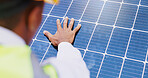 Solar panel, man and hand with light for renewable energy, alternative power or photovoltaic system. Closeup, electrician and electrical heat grid with ray for eco friendly resource or electricity