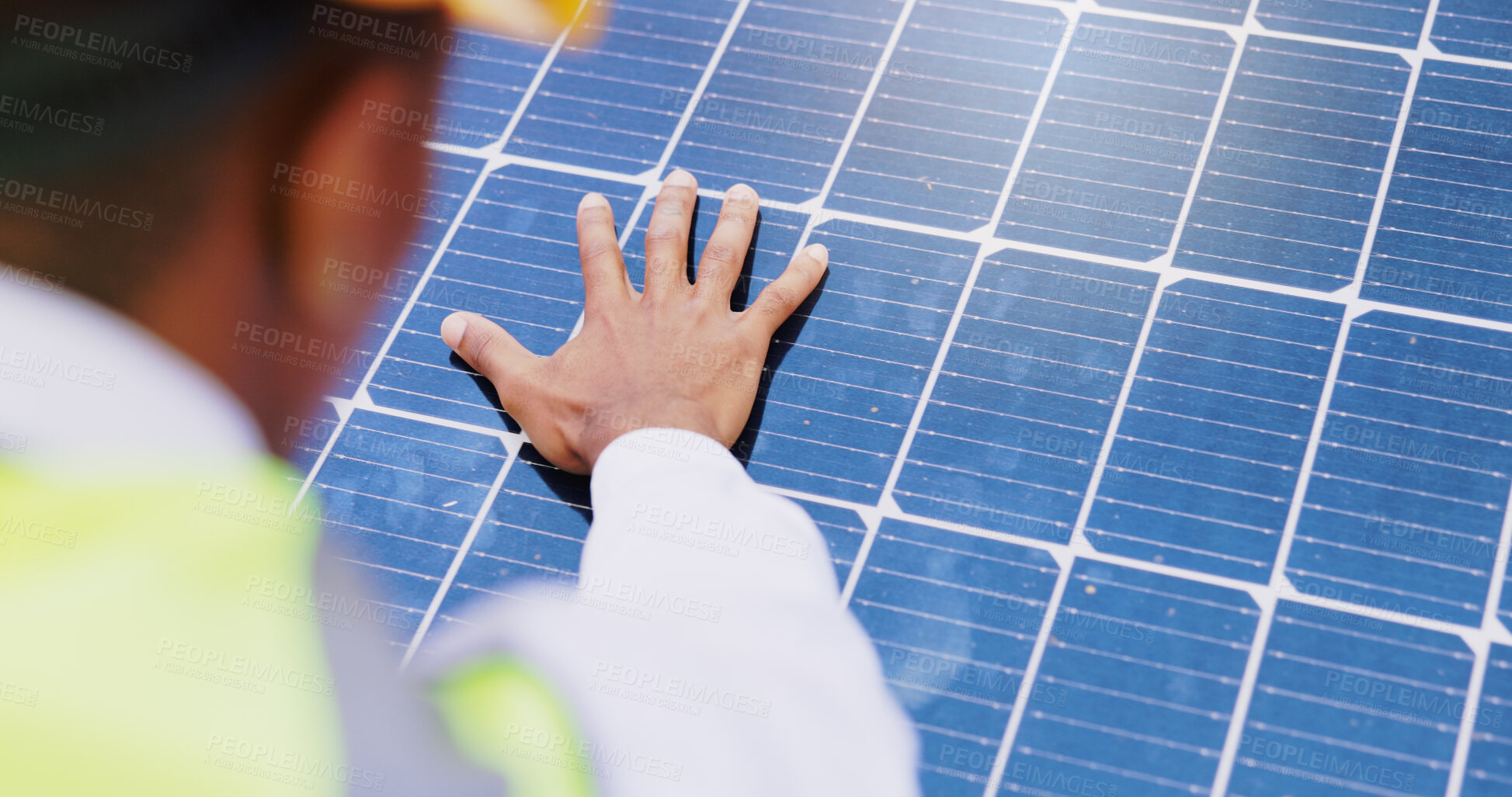 Buy stock photo Solar panel, man and hand with light for renewable energy, alternative power or photovoltaic system. Closeup, electrician and electrical heat grid with ray for eco friendly resource or electricity