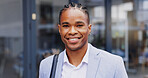City, black man and portrait in morning for walking, commute and travel with smile to workplace. Urban, corporate employee and male person with positivity for daily tasks, business or journey outdoor