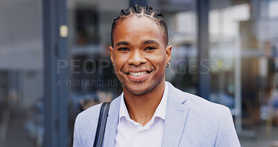 Buy stock photo City, black man and portrait in morning for walking, commute and travel with smile to workplace. Urban, corporate employee and male person with positivity for daily tasks, business or journey outdoor