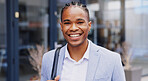 City, black man and portrait with smile for walking, commute and travel in morning to workplace. Urban, corporate employee and male person with positivity for daily tasks, business or journey outdoor
