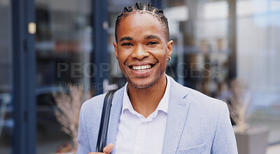 Buy stock photo City, black man and portrait with smile for walking, commute and travel in morning to workplace. Urban, corporate employee and male person with positivity for daily tasks, business or journey outdoor