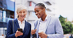 Business people, laughing and funny joke with phone in city for comedy, humor or social media. Interracial, businessman and woman with smile or laughter on mobile smartphone for meme in an urban town