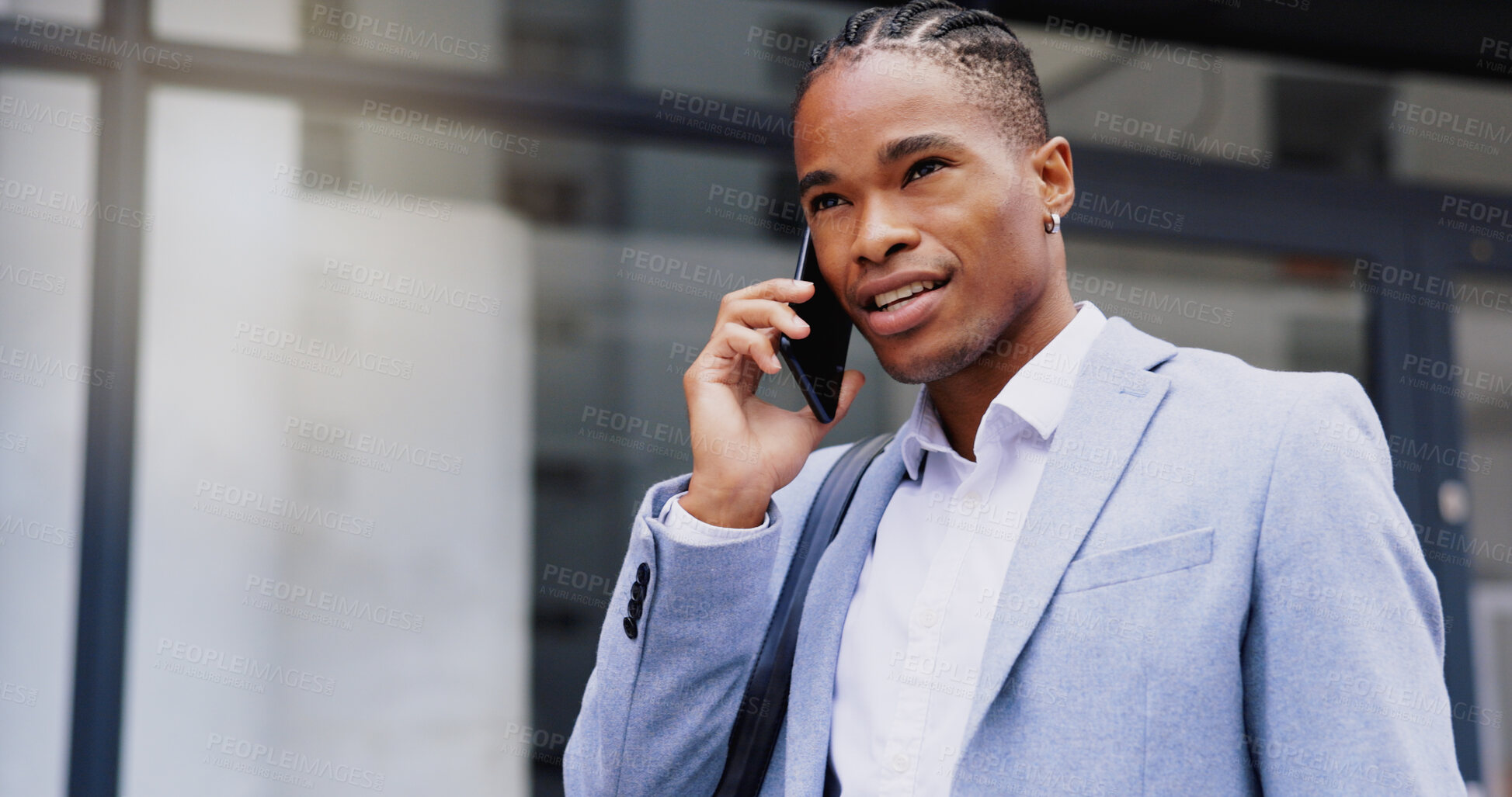 Buy stock photo Black man, business or walking with phone call in city for discussion, chat or proposal. Young African, businessman and smile with mobile smartphone for conversation or communication in an urban town