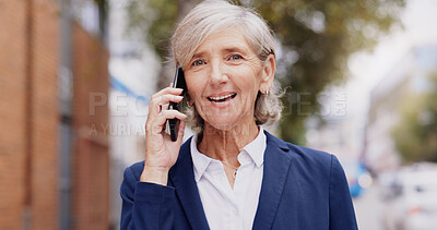 Buy stock photo Senior woman, face and walking with phone call for communication, chat and client negotiation in city. Business person, happy and travel with mobile conversation for networking and corporate deal