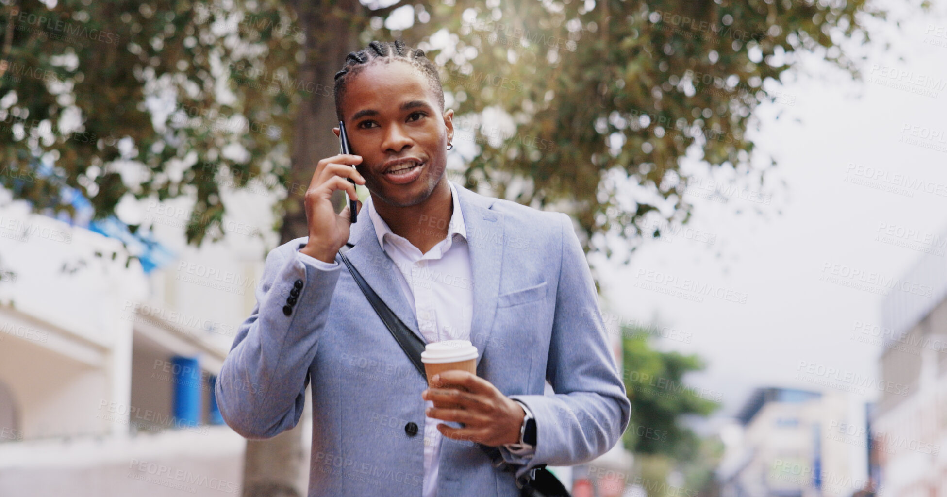 Buy stock photo Black man, coffee and walking with phone call for communication, chat and client negotiation in city. Businessman, latte and travel outdoor with mobile conversation for networking or business deal