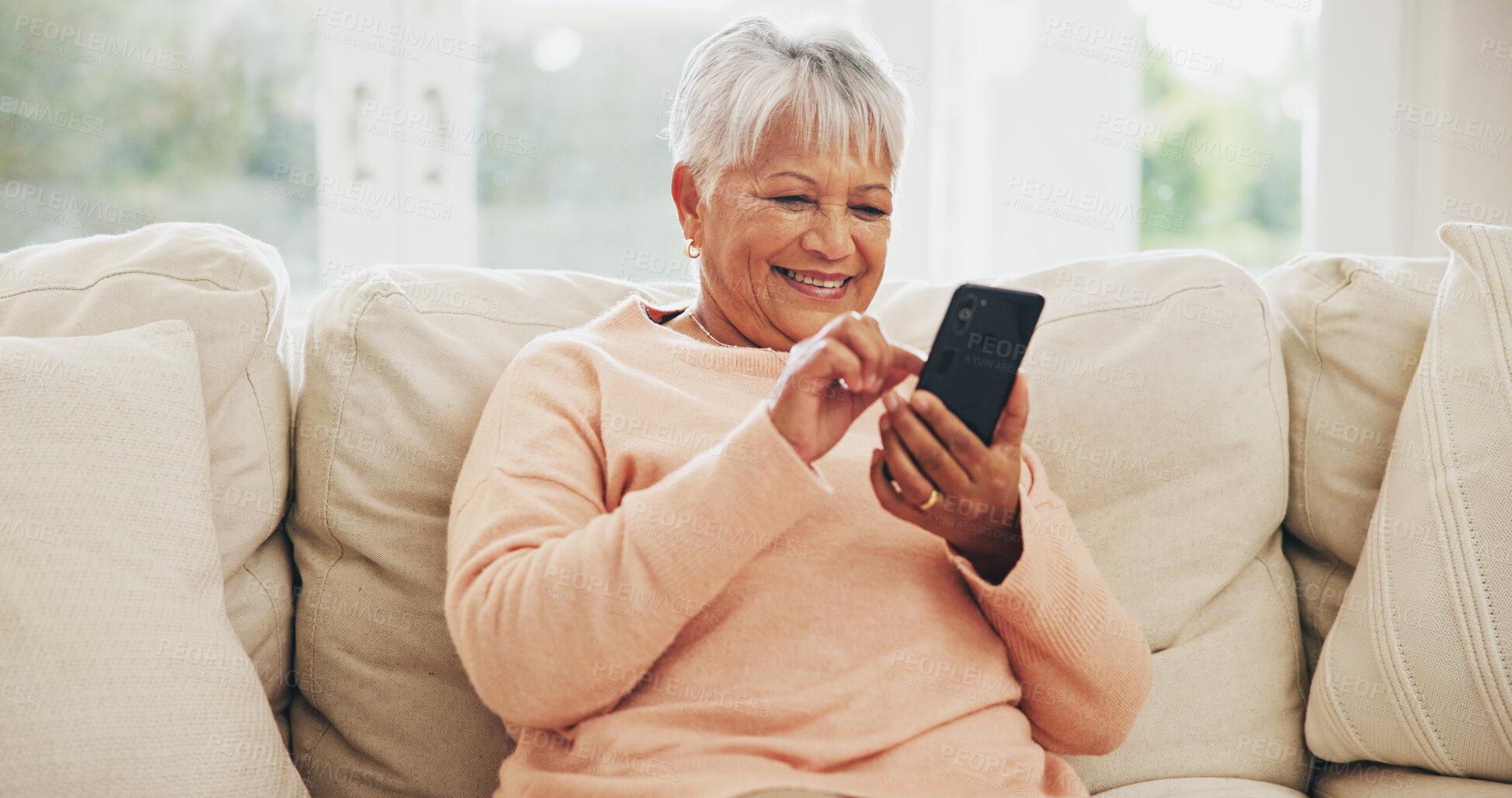 Buy stock photo House, old woman and smartphone with typing, internet and message for contact, texting and relax. Old person, apartment and elderly lady on couch, cellphone and mobile user with social media and app