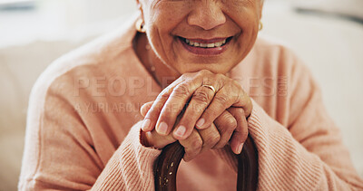 Buy stock photo Hands, senior woman and cane with Arthritis, elderly care and wellness in retirement home. Female pensioner, person with a disability and walking stick for mobility, balance and support in Argentina