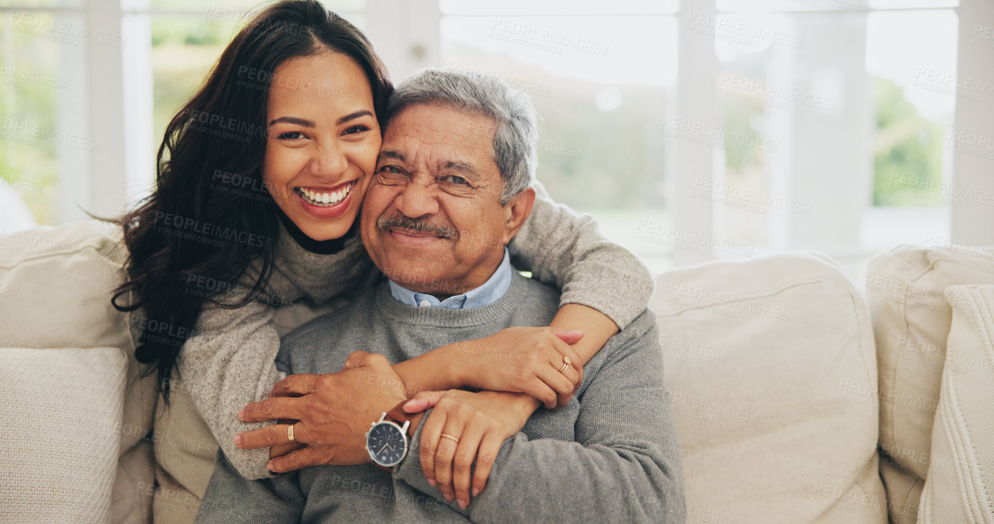 Buy stock photo Hug, portrait and smile of old man with daughter on sofa in living room of home for bonding or visit. Face, family or love with happy woman and senior father embracing in apartment together 