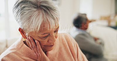 Buy stock photo Senior couple, conflict and ignore on sofa with divorce, stress and frustrated with thinking in home. Woman, retirement and depression with affair, fight and annoyed with reflection in living room