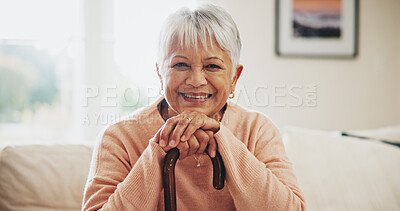 Buy stock photo Portrait, senior woman and cane for Arthritis, elderly care and wellness in retirement home. Female pensioner, person with a disability and walking stick for mobility, balance or support in Argentina