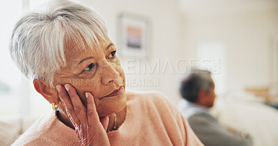 Buy stock photo Senior woman, man and ignore on sofa with divorce, stress and frustrated with thinking in home. Couple, retirement and depression with conflict, fight and annoyed with reflection in living room