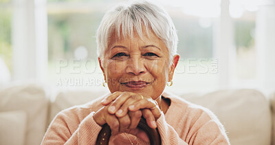 Buy stock photo Portrait, senior woman and walking stick with Arthritis in elderly care, wellness and health. Female pensioner, person with a disability and cane for mobility, balance and movement in retirement home