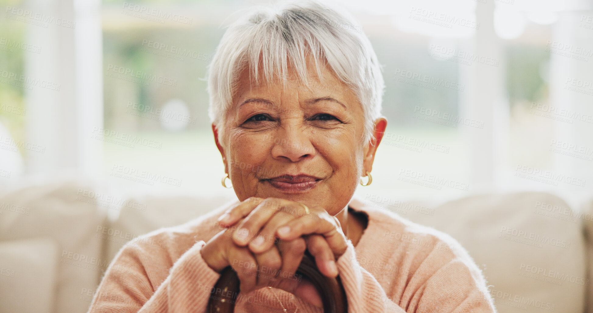 Buy stock photo Portrait, senior woman and walking stick with Arthritis in elderly care, wellness and health. Female pensioner, person with a disability and cane for mobility, balance and movement in retirement home