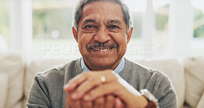 Buy stock photo Portrait, senior man and cane for Arthritis in elderly care, wellness or health. Happy pensioner, person with a disability and walking stick as support, balance or movement in retirement home in Cuba