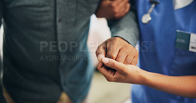 Buy stock photo Person, nurse and holding hands with empathy for elderly care, support or understanding at retirement home. Closeup, medical employee or caregiver with touch for grief, rehabilitation or recovery