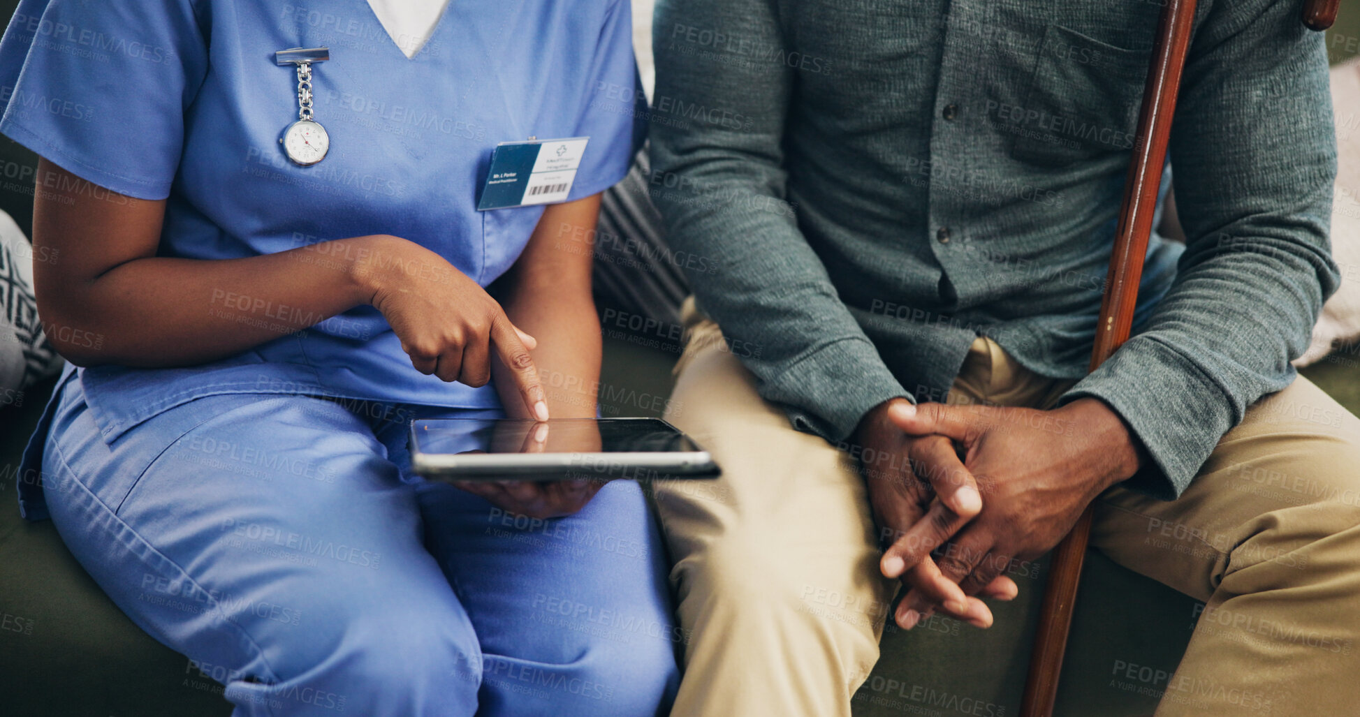 Buy stock photo Woman, nurse and hands with tablet for elderly care, prescription or medical history at retirement home. Closeup, healthcare employee or caregiver with senior patient on technology for health tips