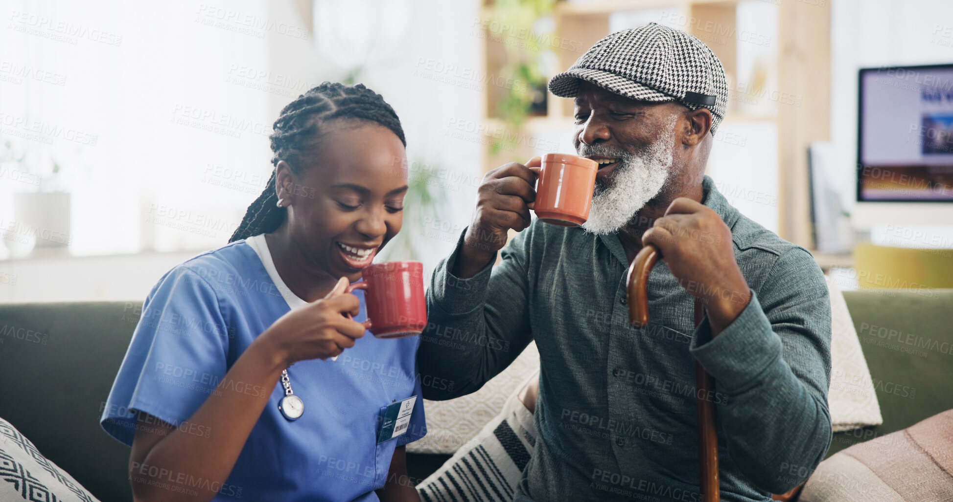 Buy stock photo Healthcare, nurse and senior man with coffee, laughing and friends with caregiver and nursing home. Living room, funny and old person with joke, walking stick and woman with cup, help and patient