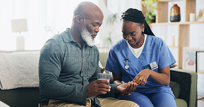 Buy stock photo Home, nurse and old man with water, tablets and medication with help, healthcare and illness. African people, patient and caregiver with professional, wellness and medical with recovery in lounge