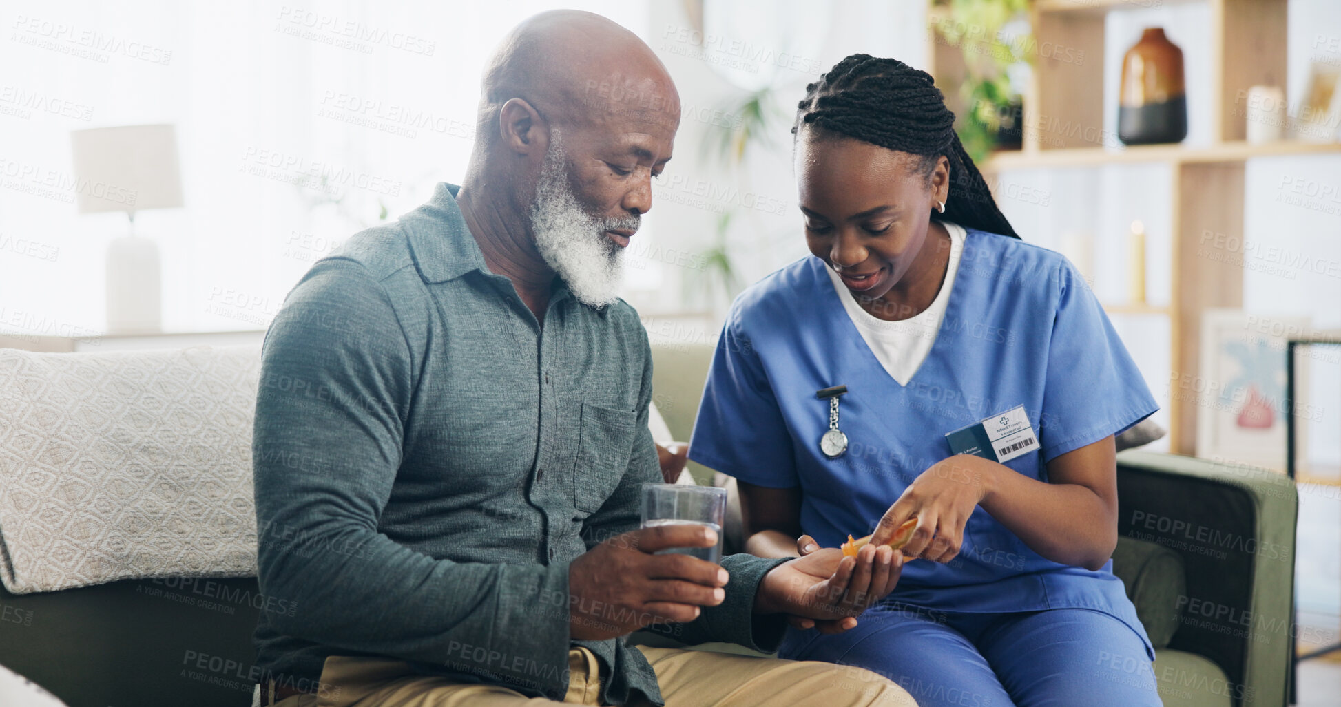 Buy stock photo Home, nurse and old man with water, tablets and medication with help, healthcare and illness. African people, patient and caregiver with professional, wellness and medical with recovery in lounge