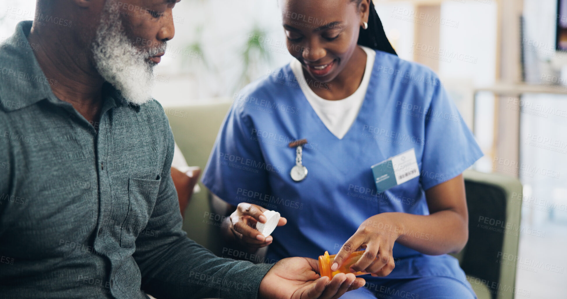 Buy stock photo Healthcare, pills and senior man with nurse, smile and caregiver with medicine and nursing home. Living room, medical and happy black people in house, rehabilitation and recovery of patient with help