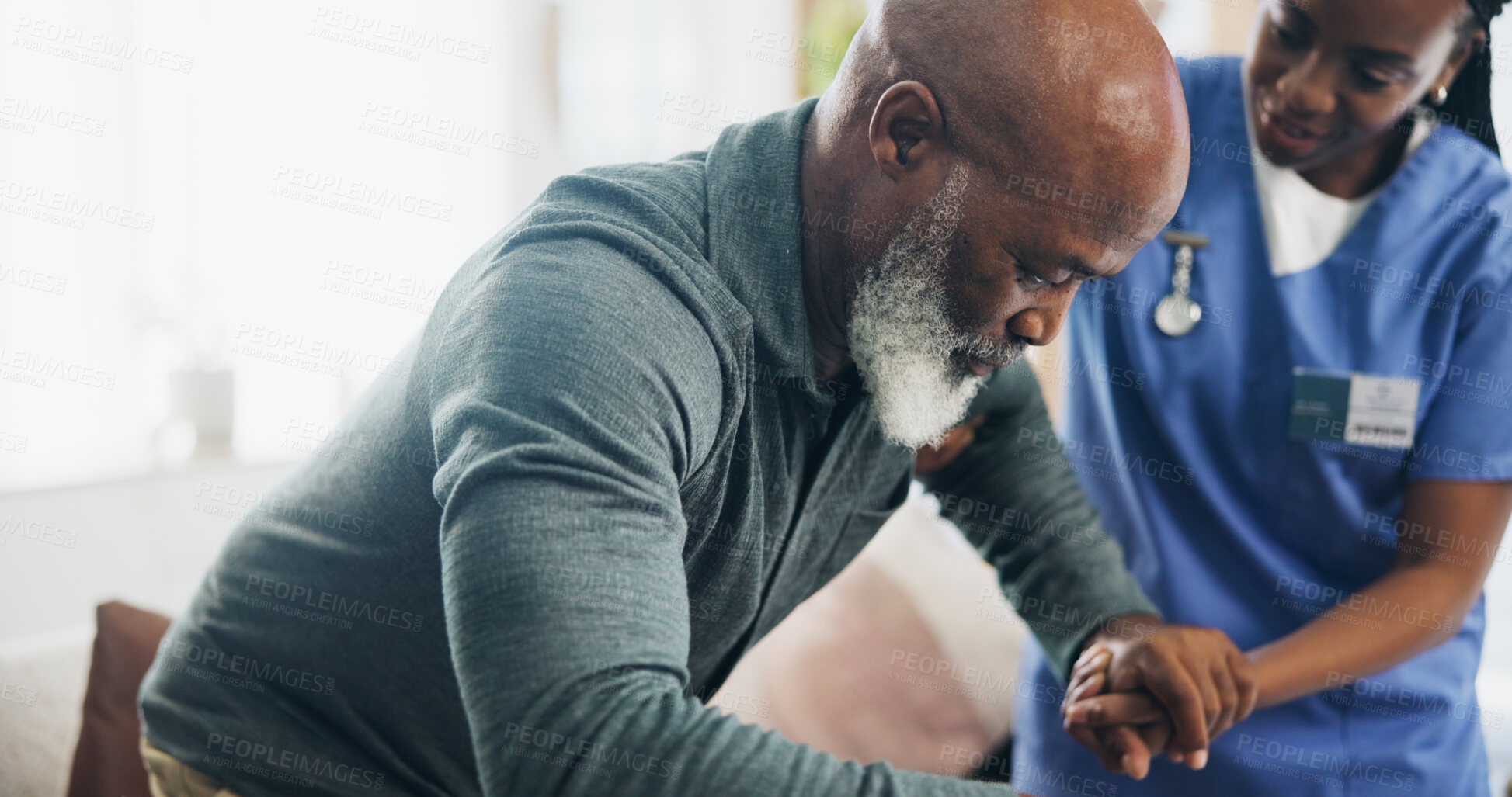 Buy stock photo Nurse, senior man and helping hand for walking in home with injury, care and support for recovery in retirement. Black people, balance and elderly person with disability, caregiver and rehabilitation