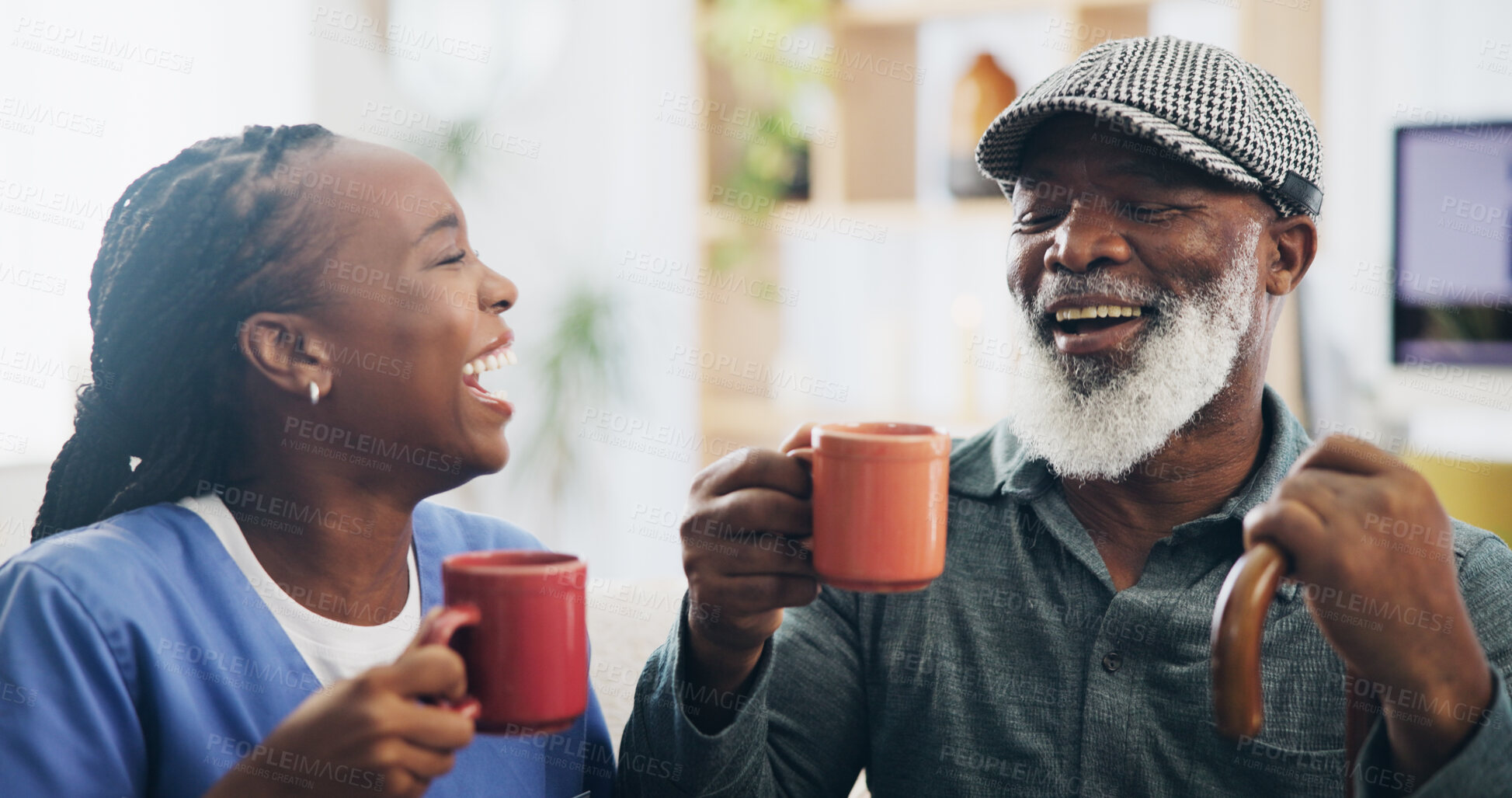 Buy stock photo Healthcare, laughing and senior man with nurse, coffee and friends with caregiver and nursing home. Living room, funny and black people with joke, walking stick and woman with cup, help and patient