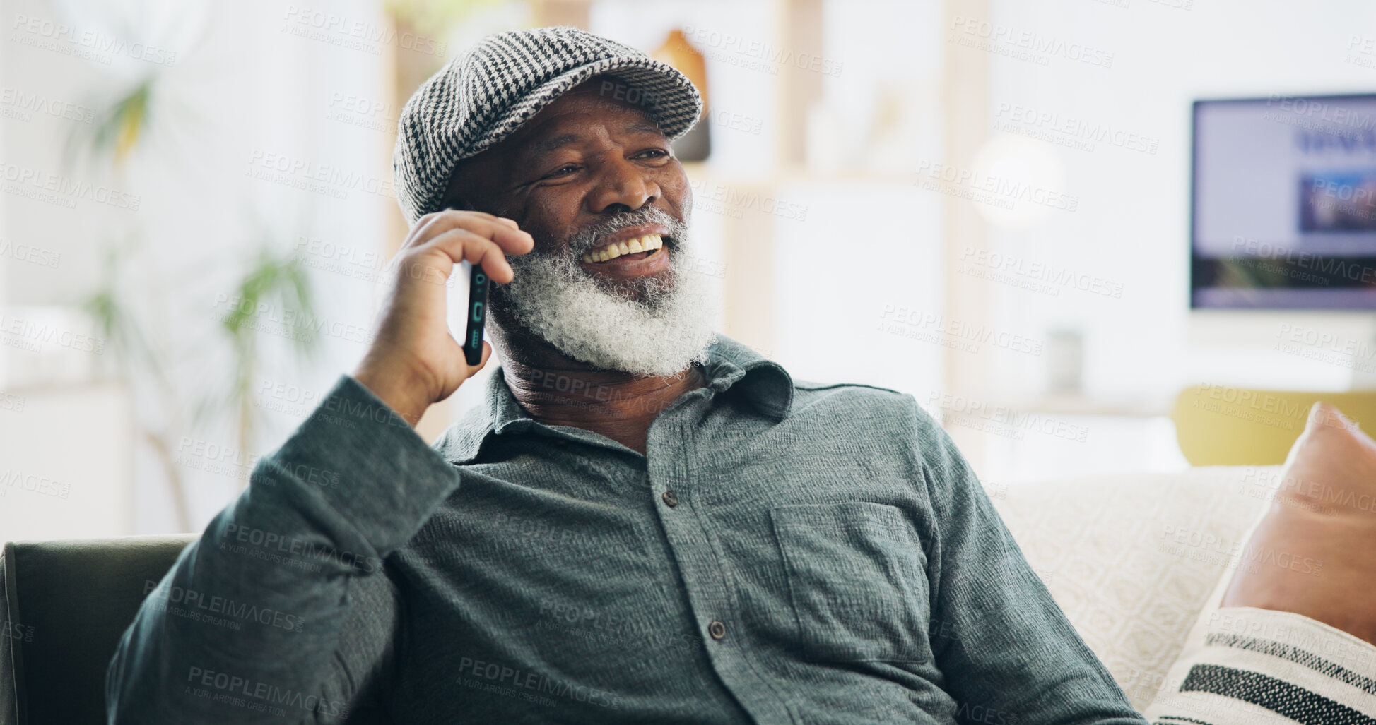 Buy stock photo Senior man, happy and relax for phone call, pension and retirement fund on weekend on sofa. Black person, smile and mobile conversation in living room for communication, good news and reunion invite 