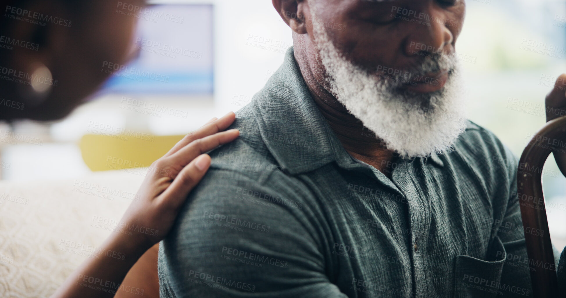 Buy stock photo Nurse, hand and senior patient with cane for elderly care, grief or empathy in trust or support at retirement home. Closeup, healthcare employee or caregiver with male person for comfort or sympathy