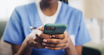 Person hands, nurse or phone in home for text, email or message for news update on sofa. Caregiver, mobile or typing in living room for healthcare information, chat or research medical breakthrough